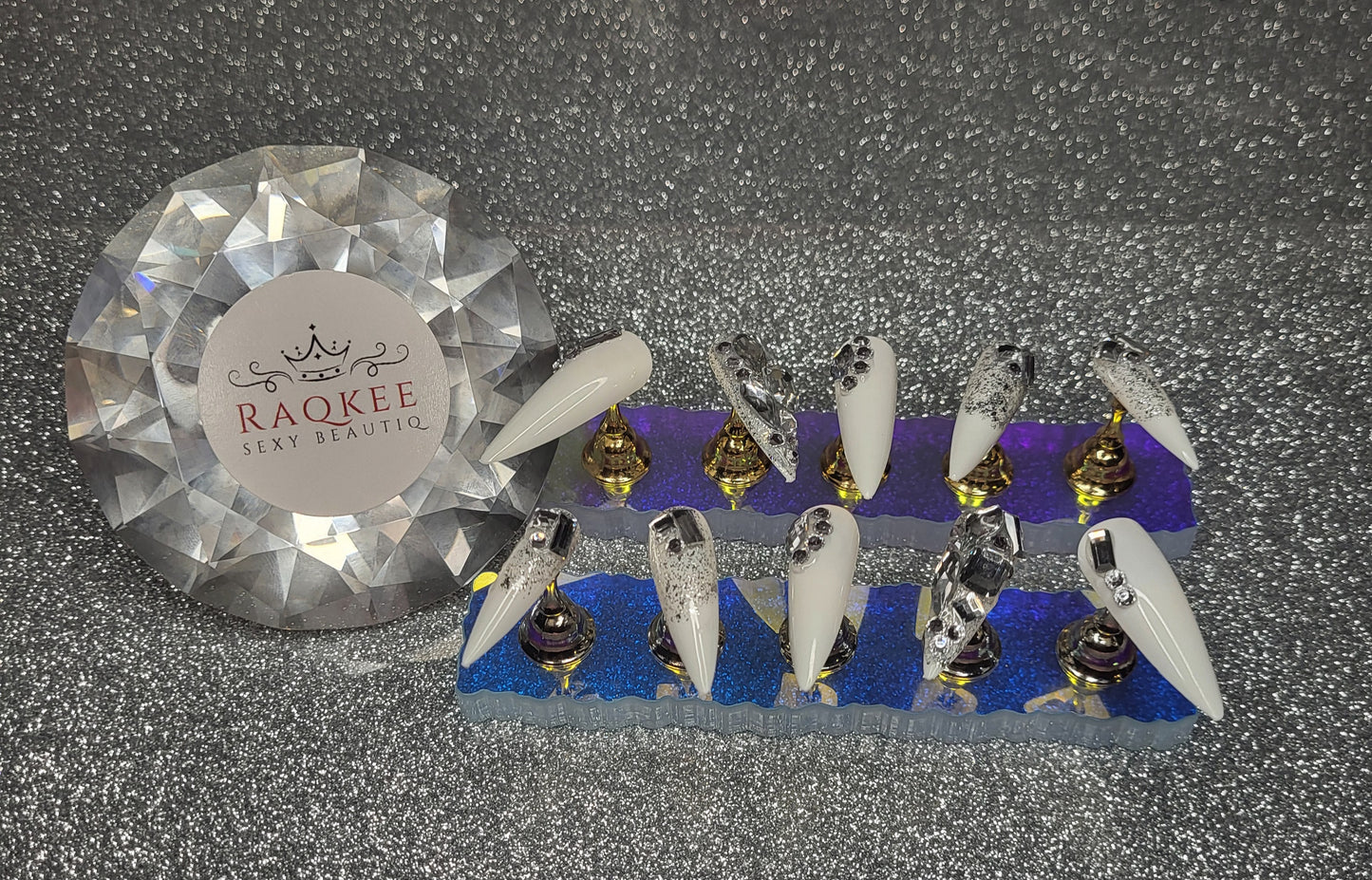 White Stiletto Press On Nails With Glitter And Rhinestone Decor