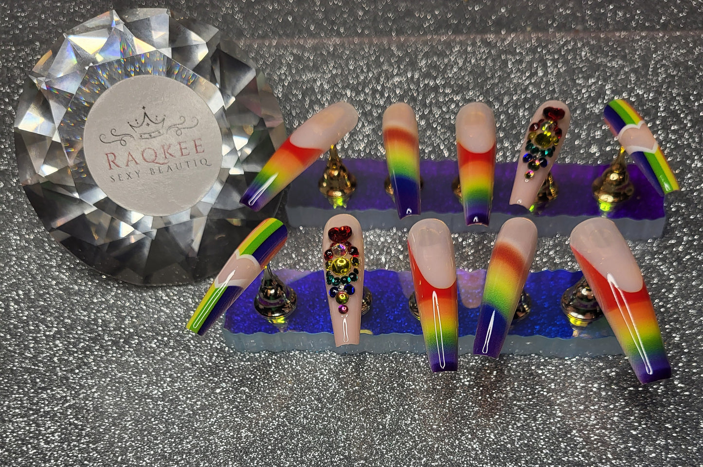 PRIDE Rainbow Press On Nails With Rhinestones And Heart Designs