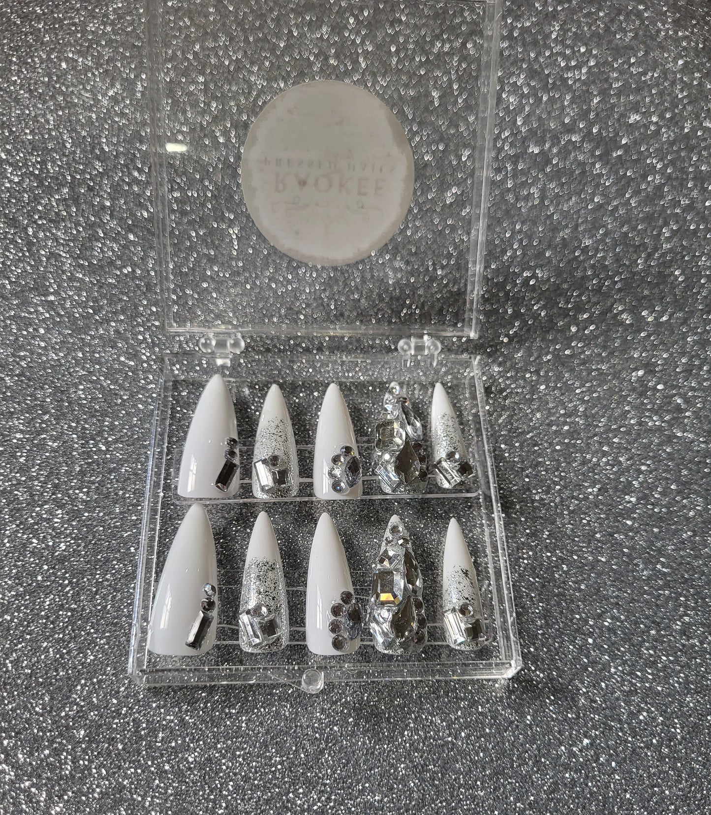 White Stiletto Press On Nails With Glitter And Rhinestone Decor