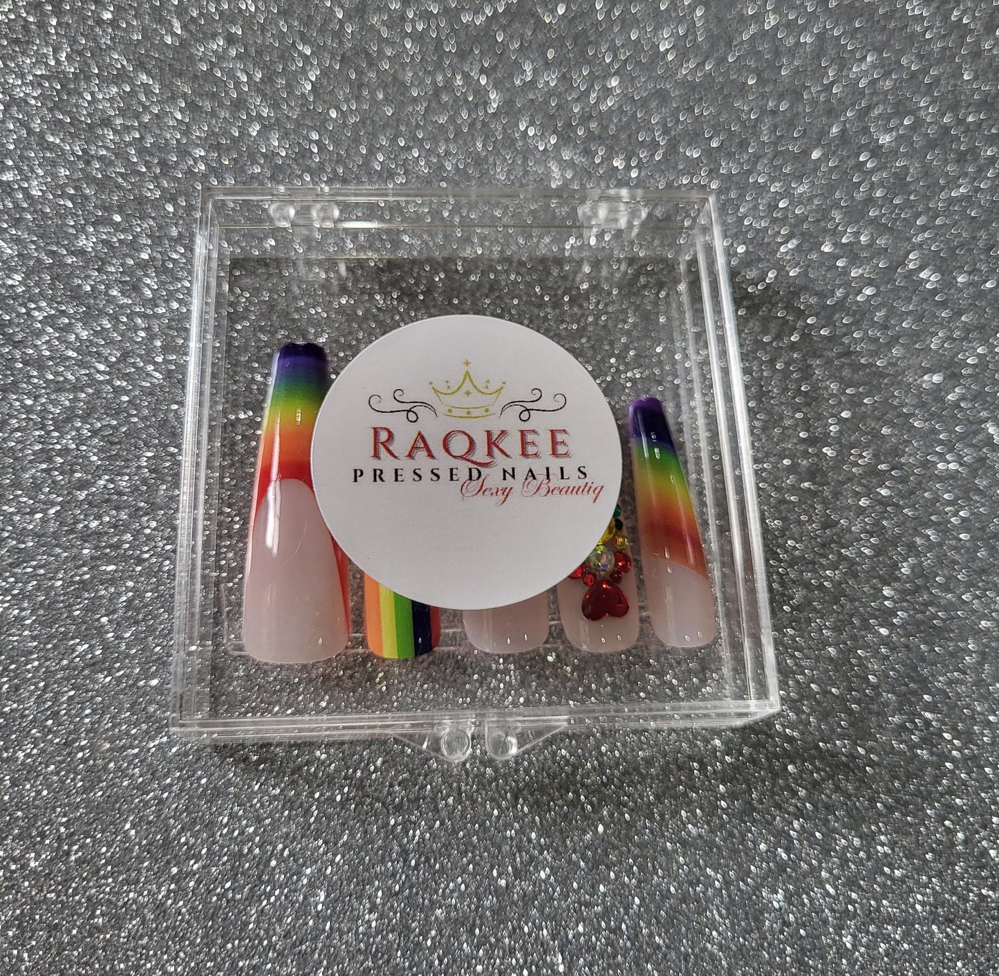 PRIDE Rainbow Press On Nails With Rhinestones And Heart Designs