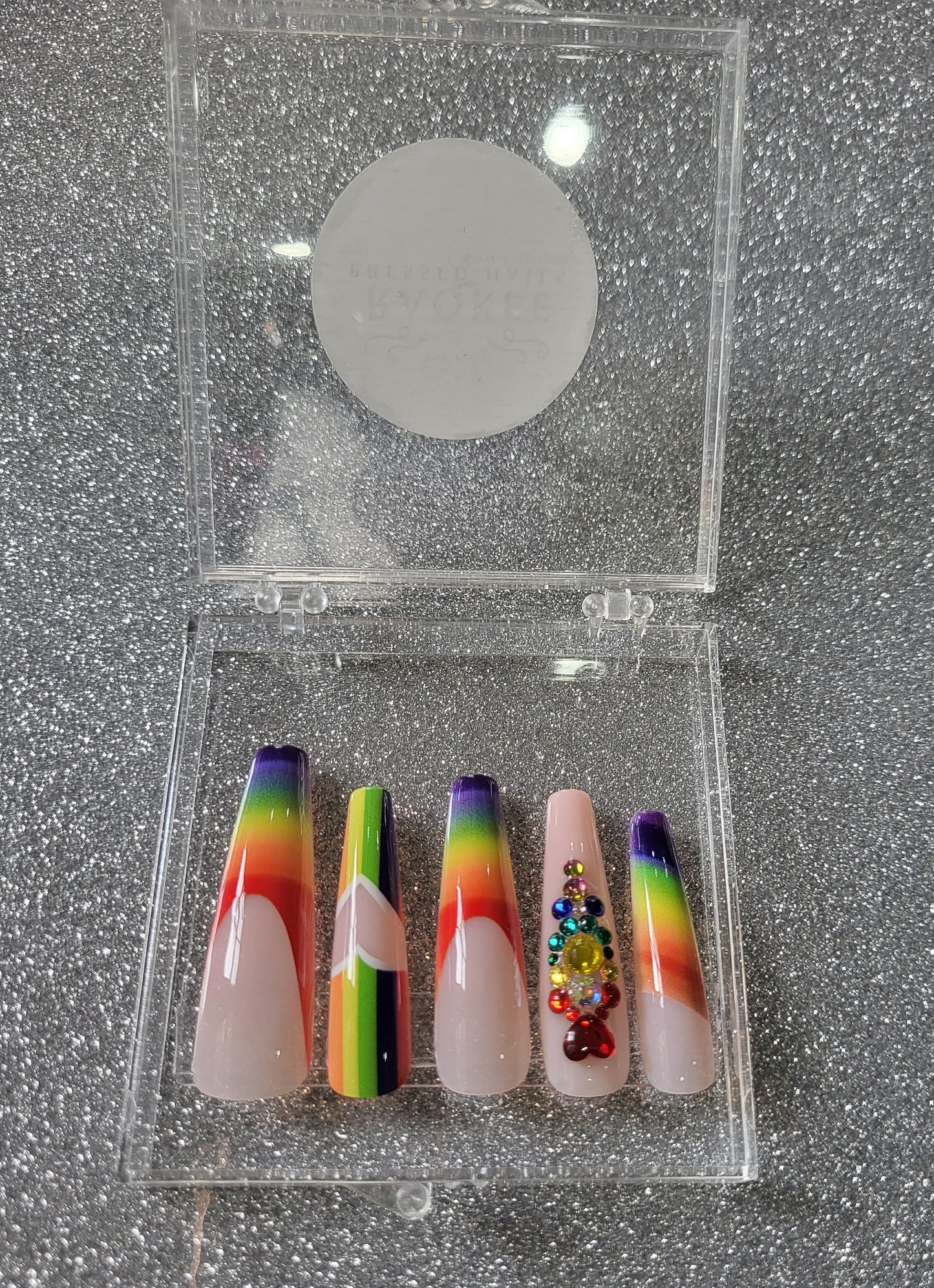 PRIDE Rainbow Press On Nails With Rhinestones And Heart Designs
