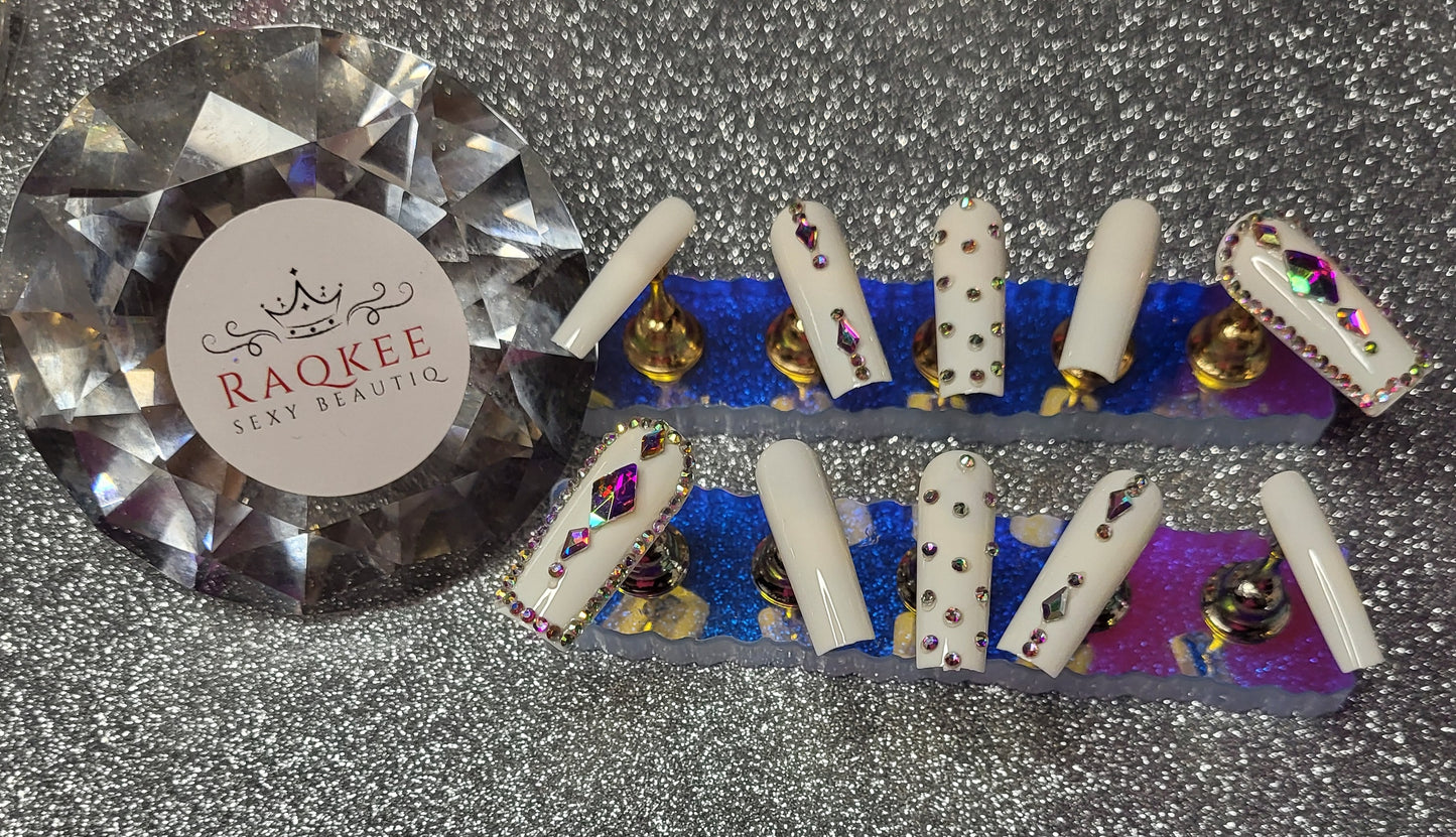 White Press On Nails With Rhinestones