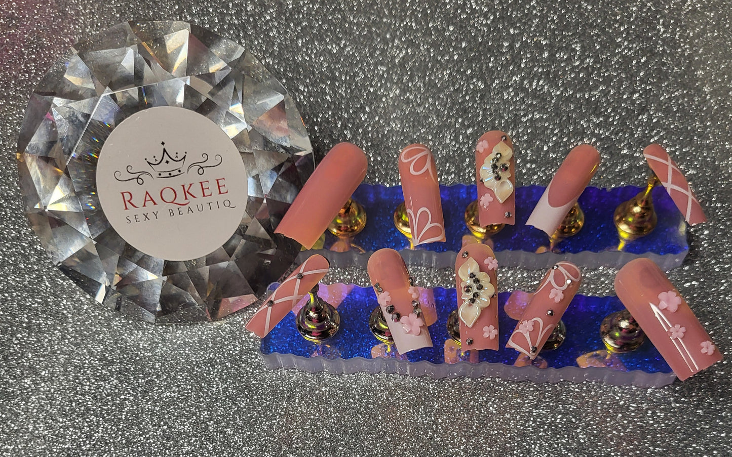 Pink Press On Nails With 3D Flowers And Rhinestones