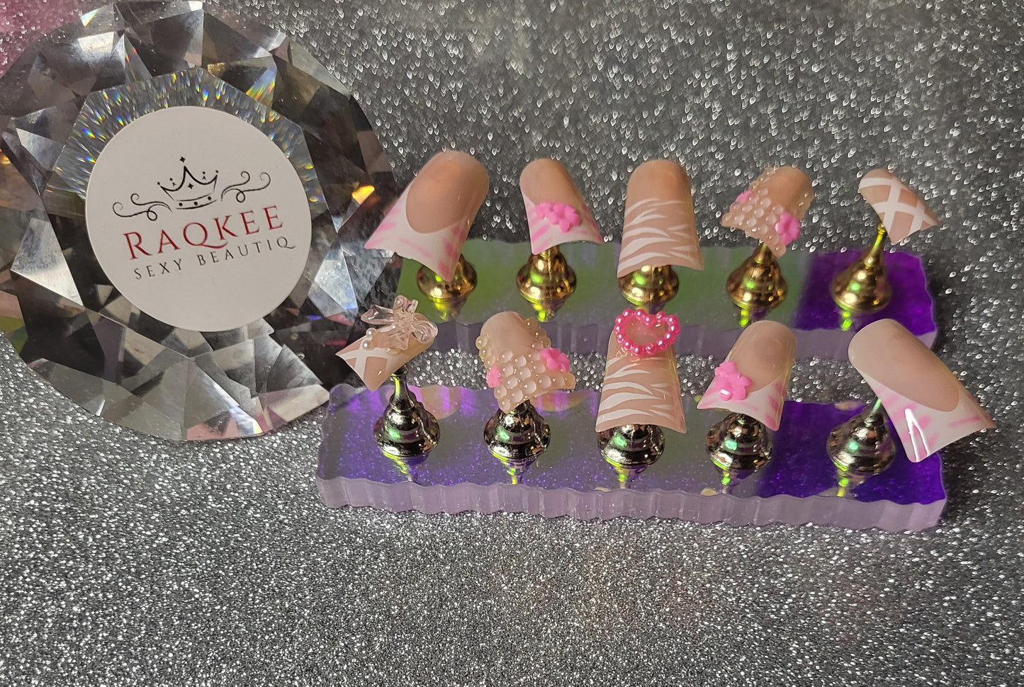 Zebra Print And Lace Up Patterns With 3D Decor Press On Nails
