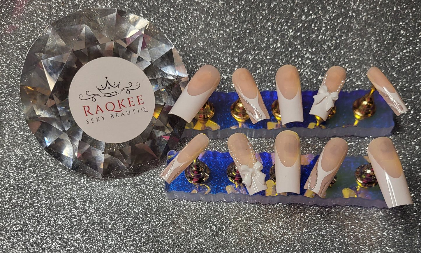 White French Tips Press On Nails With Bow And Pearl Decor