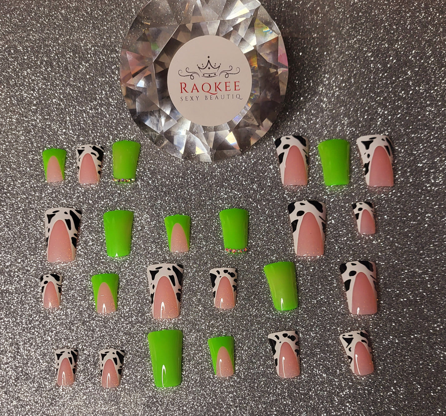 Lime Green And Cow Print French Tips Press On Nails With Rhinestones