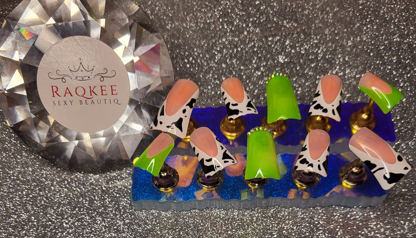 Lime Green And Cow Print French Tips Press On Nails With Rhinestones