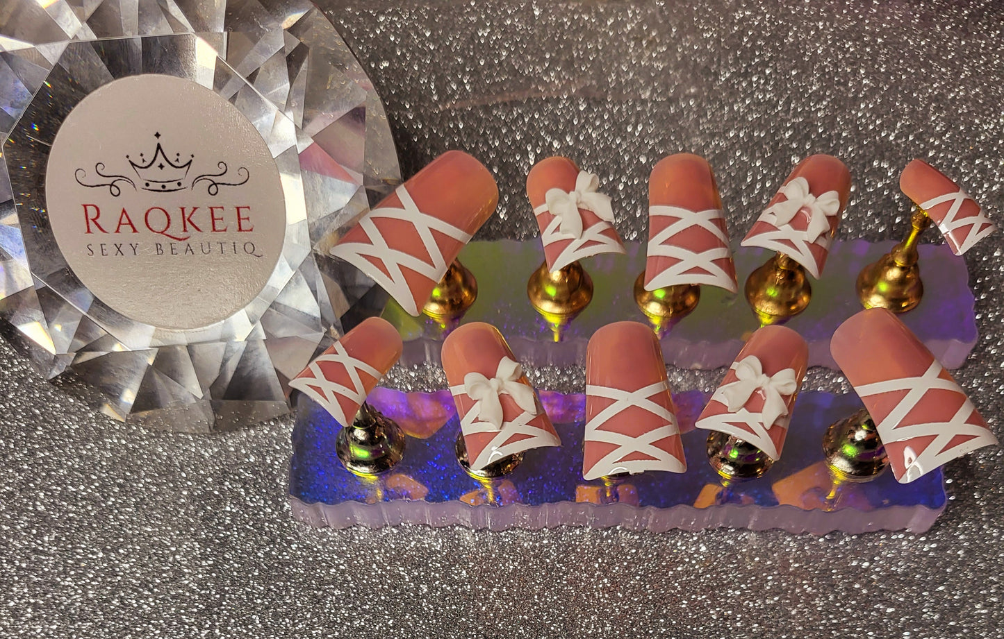 White Lace Up French Tips Press On Nails With 3D Bow