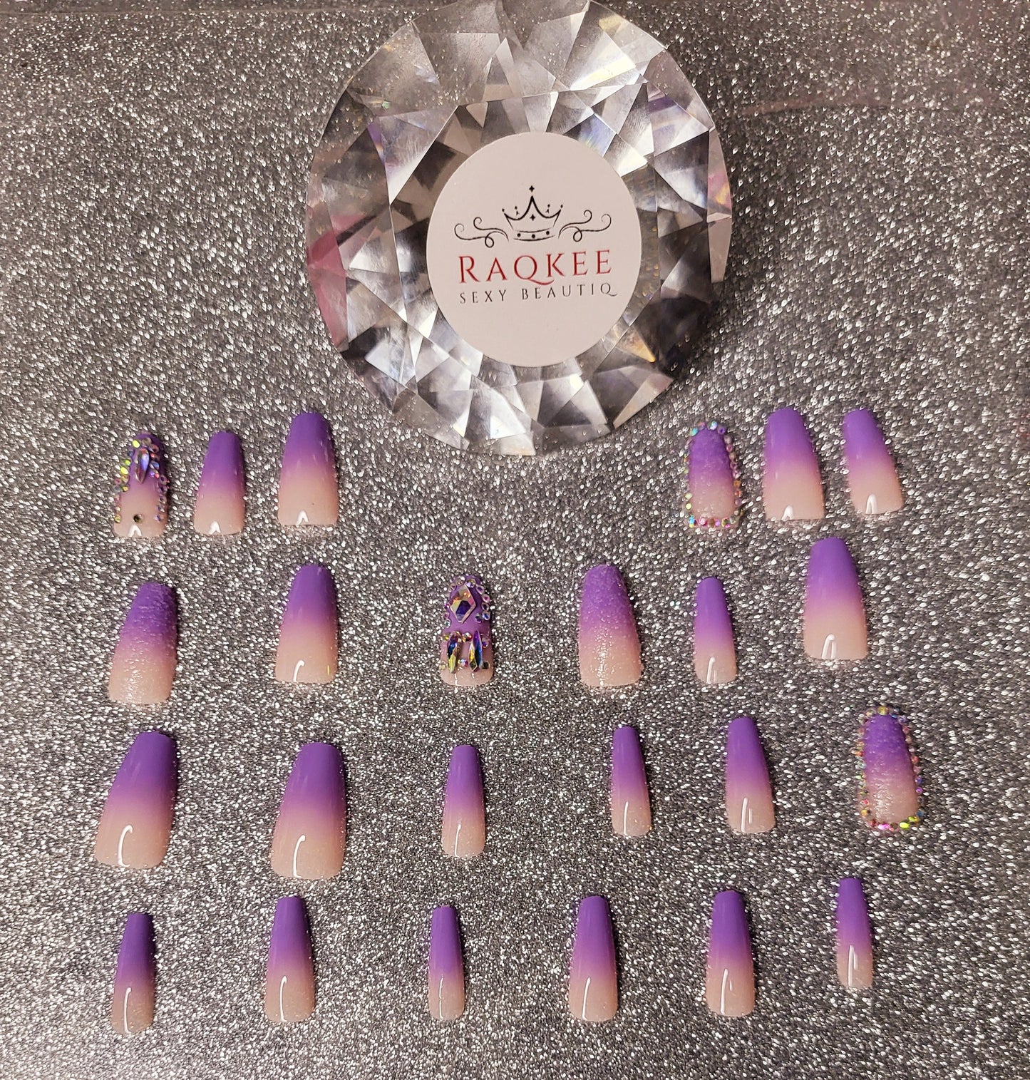 Purple Ombre Press On Nails With Rhinestones