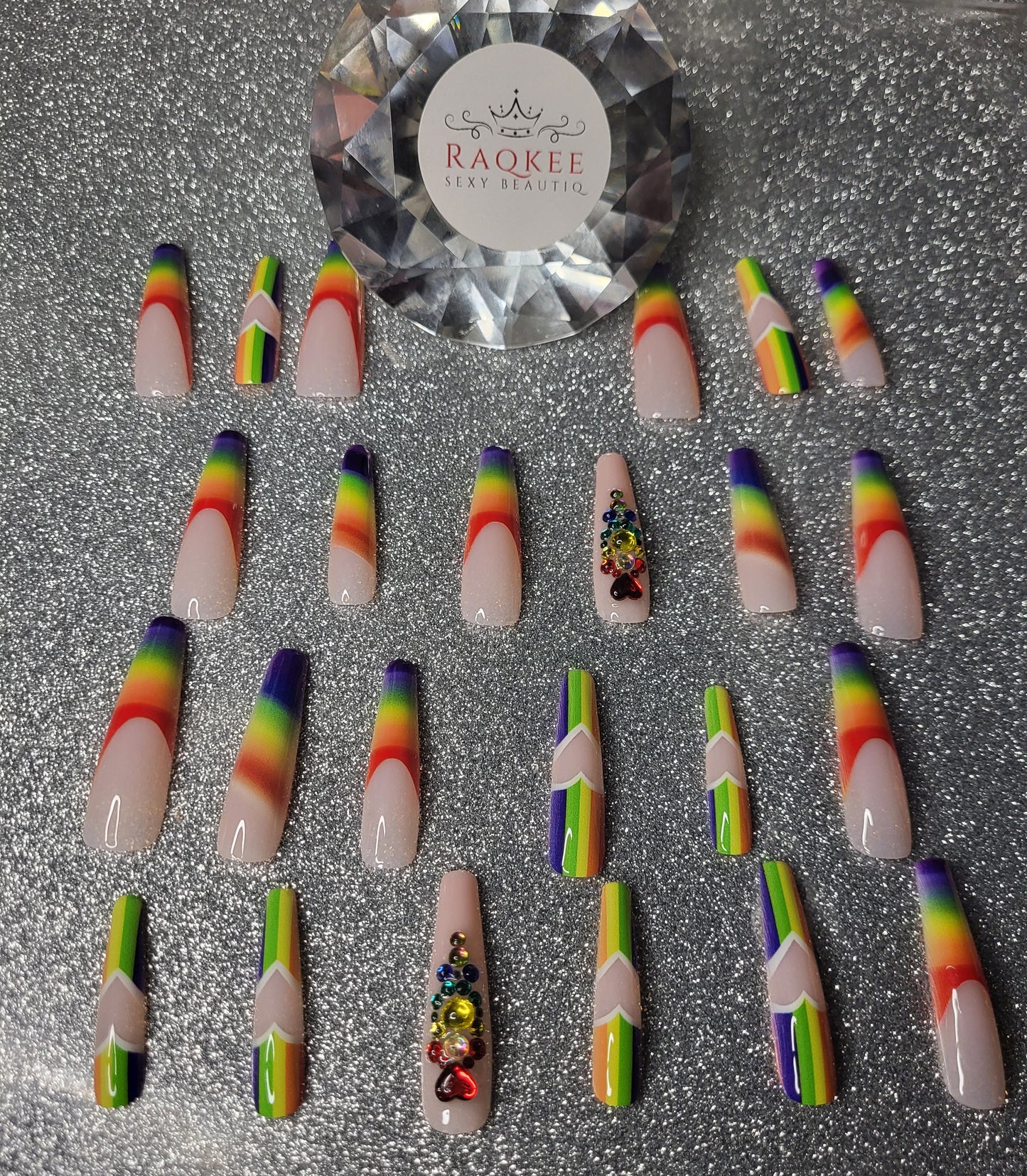 PRIDE Rainbow Press On Nails With Rhinestones And Heart Designs