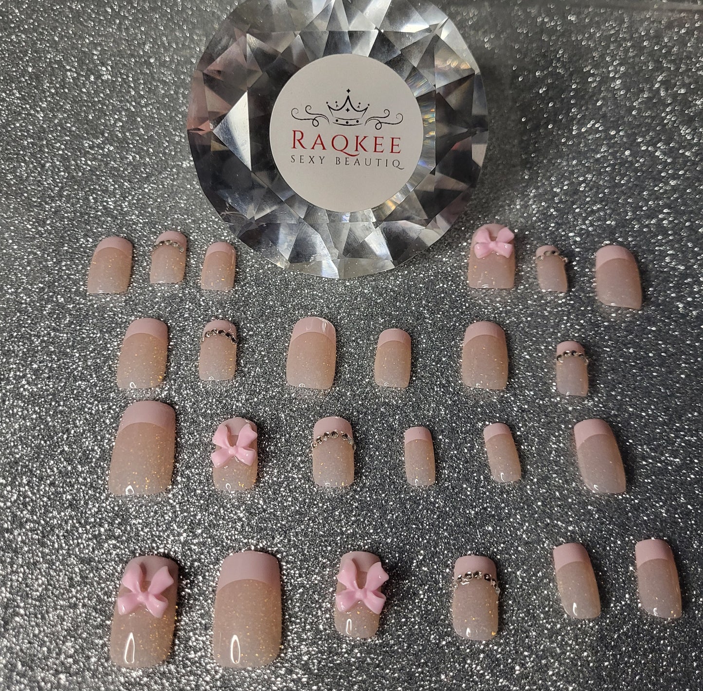 Pink French Tips Press On Nails With Rhinestones And Bow Decor