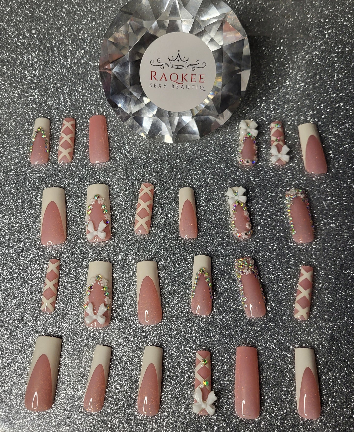 White And Rhinestone French Tips Press On Nails With Rhinestones, Bow Decor, And Lace Design