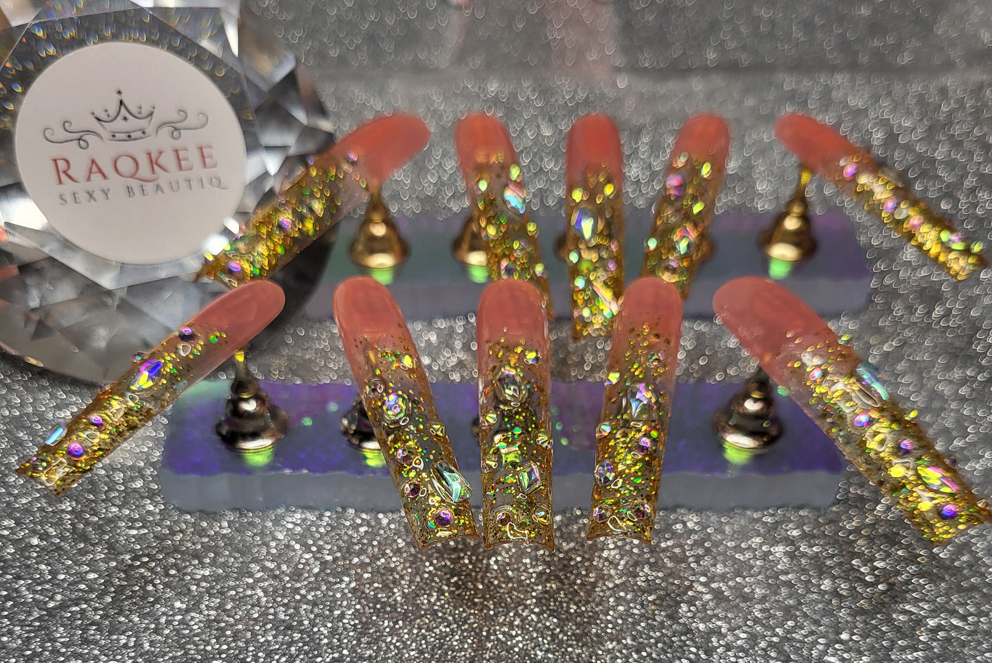 XL Glittery Gold French Tips Press On Nails With Big Rhinestones