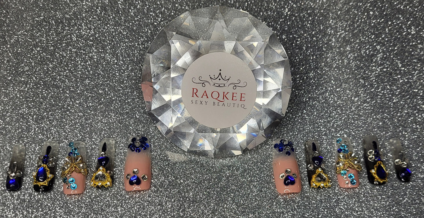 Ombre Press On Nails With Blue And Silver Rhinestones, 3D Decor
