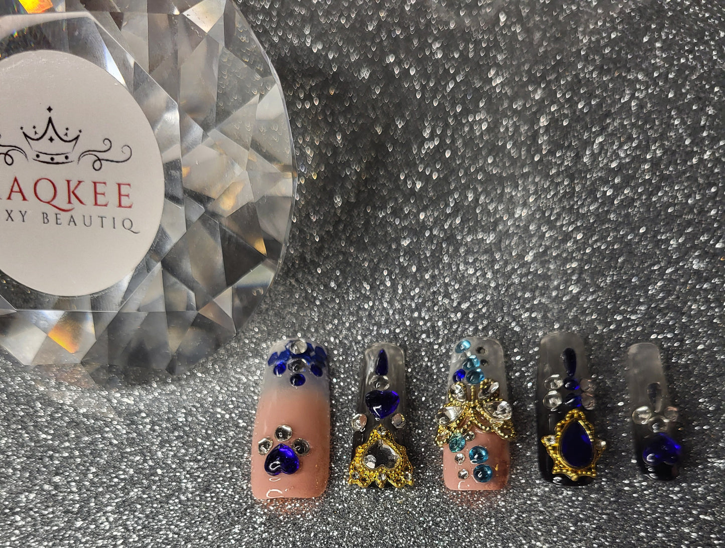 Ombre Press On Nails With Blue And Silver Rhinestones, 3D Decor