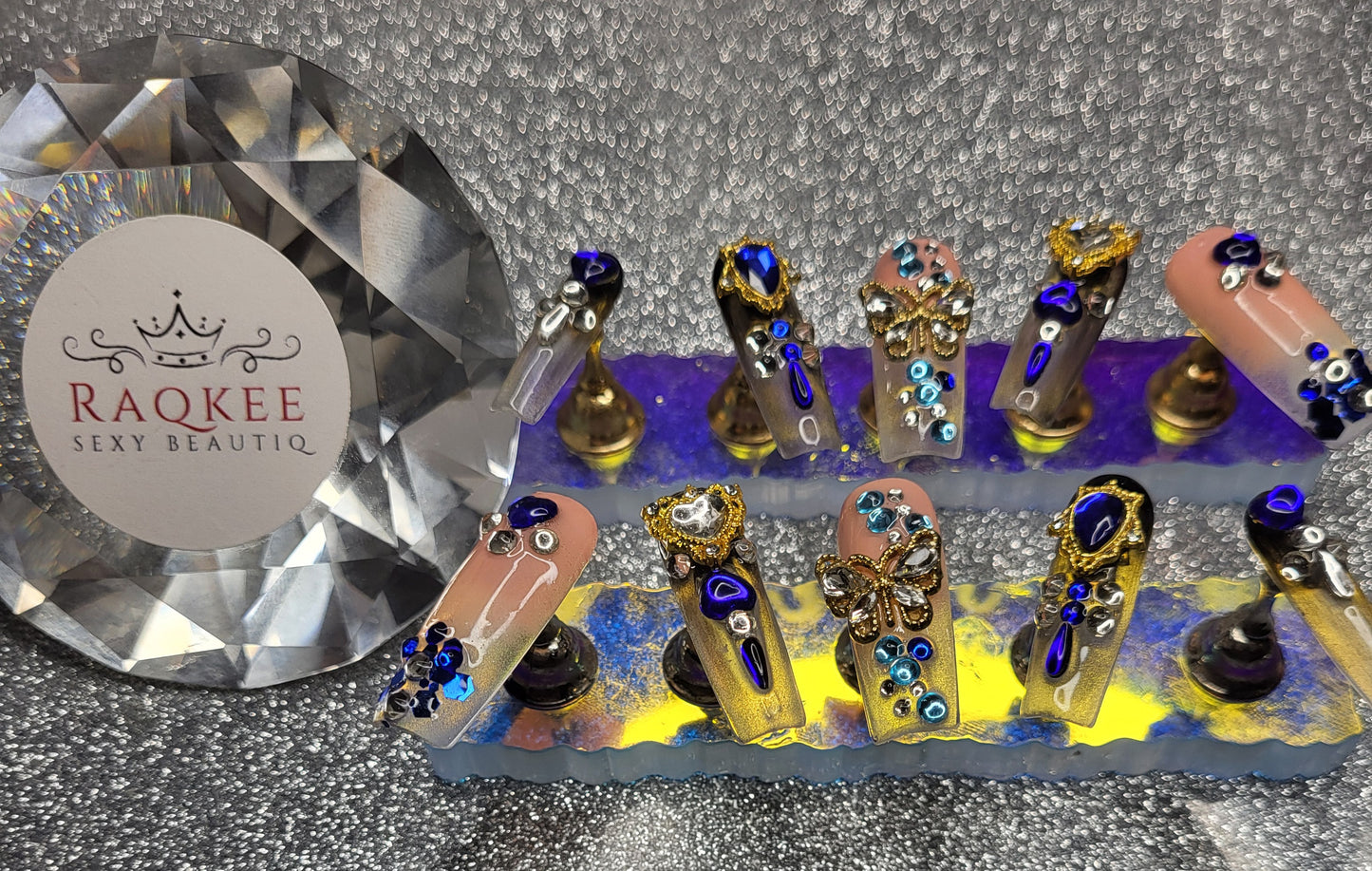 Ombre Press On Nails With Blue And Silver Rhinestones, 3D Decor
