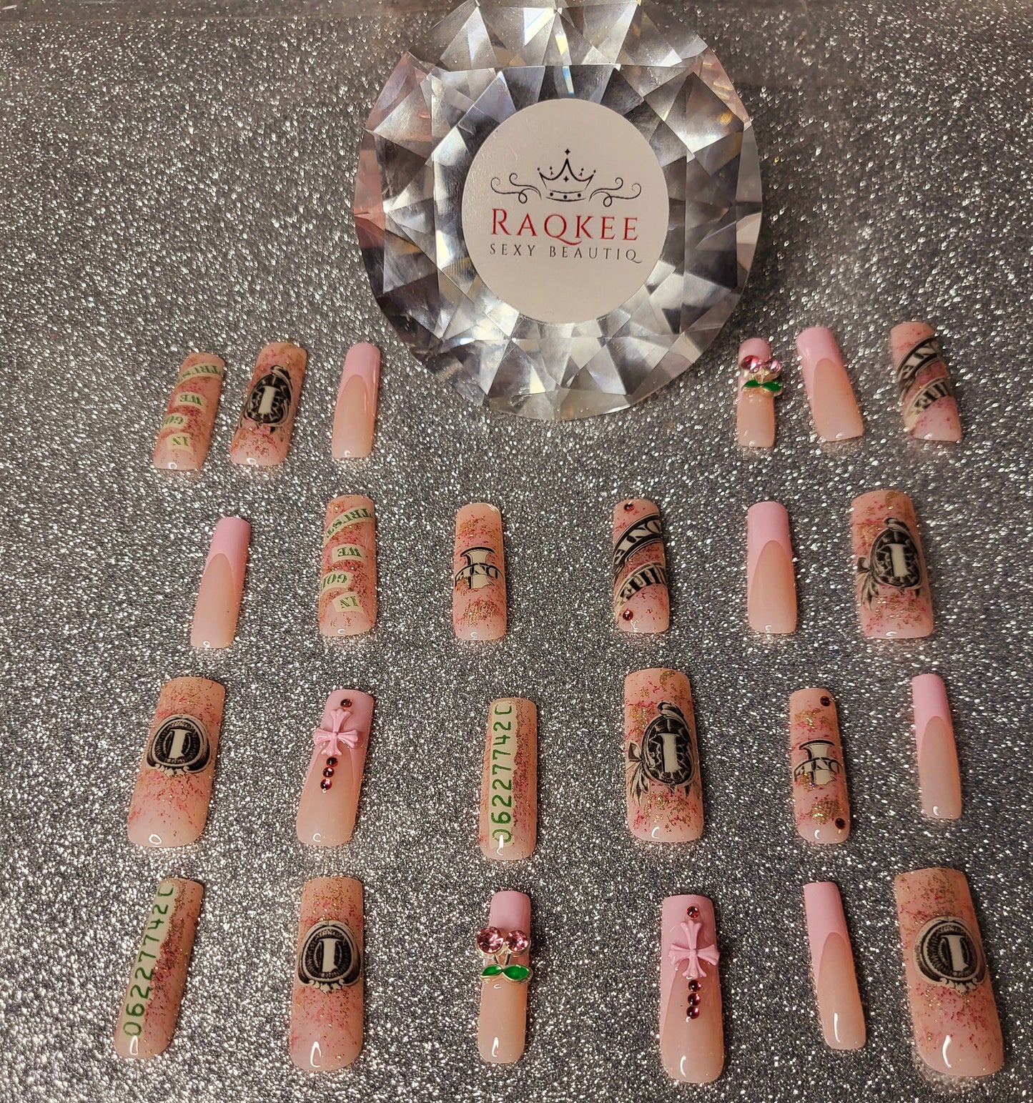 Pink And Gold Money Press On Nails With 3D Decor