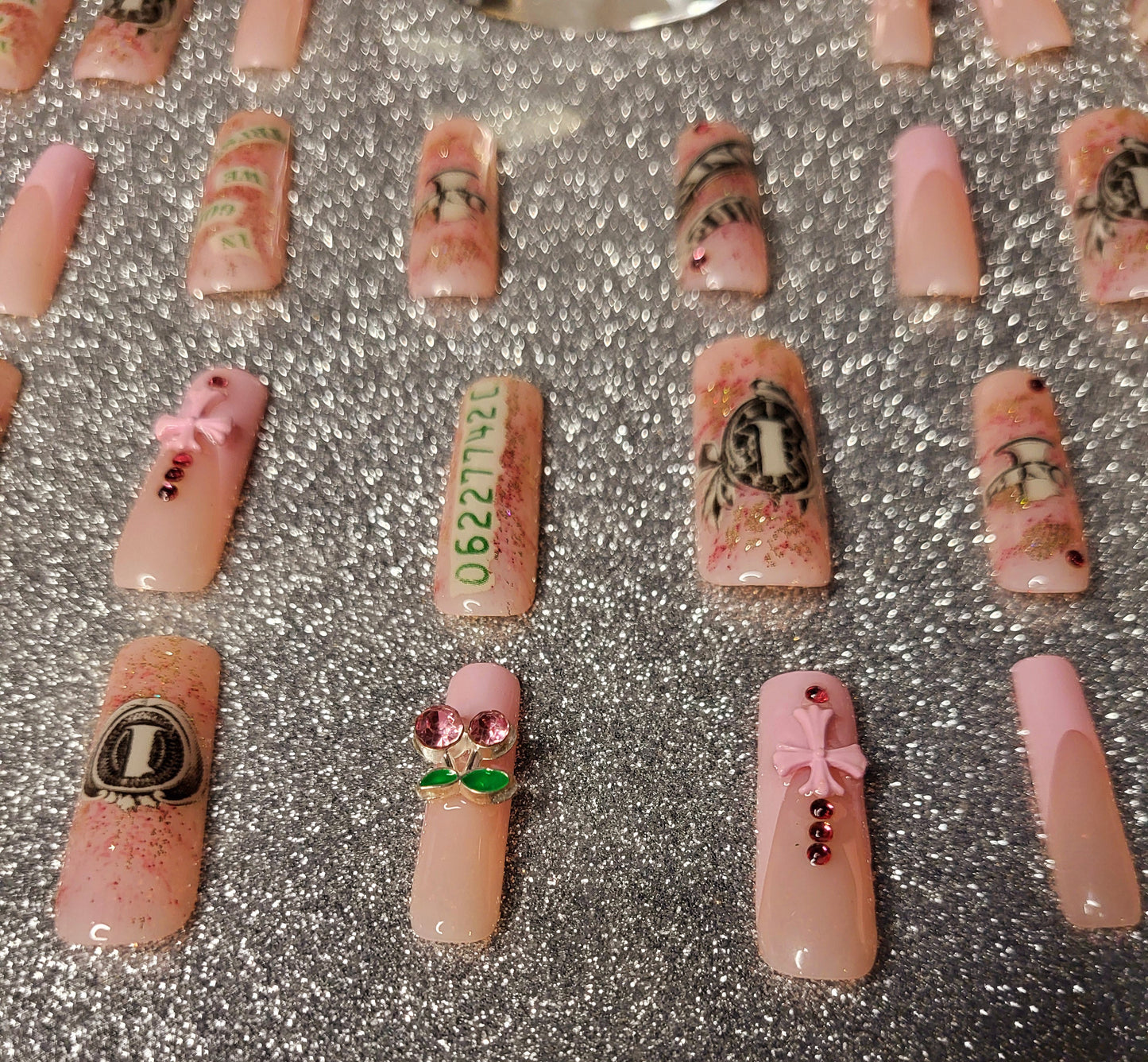 Pink And Gold Money Press On Nails With 3D Decor