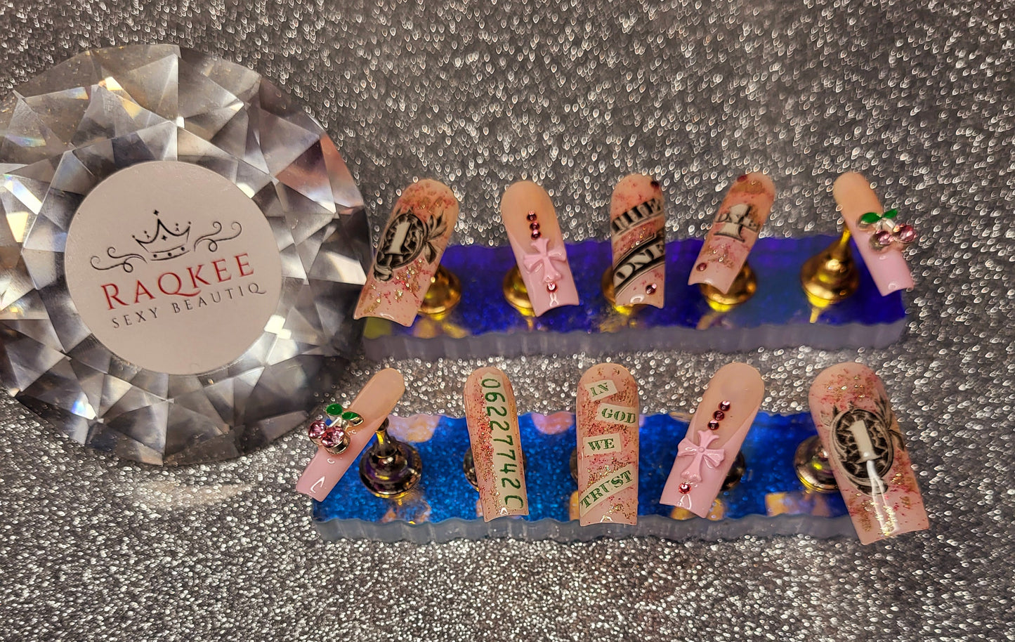 Pink And Gold Money Press On Nails With 3D Decor