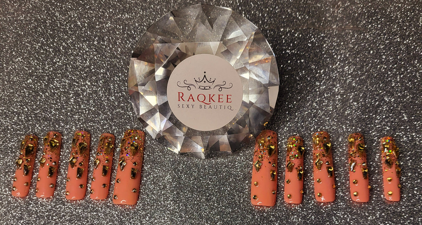 Glitter Gold French Tips Press On Nails With Rhinestones