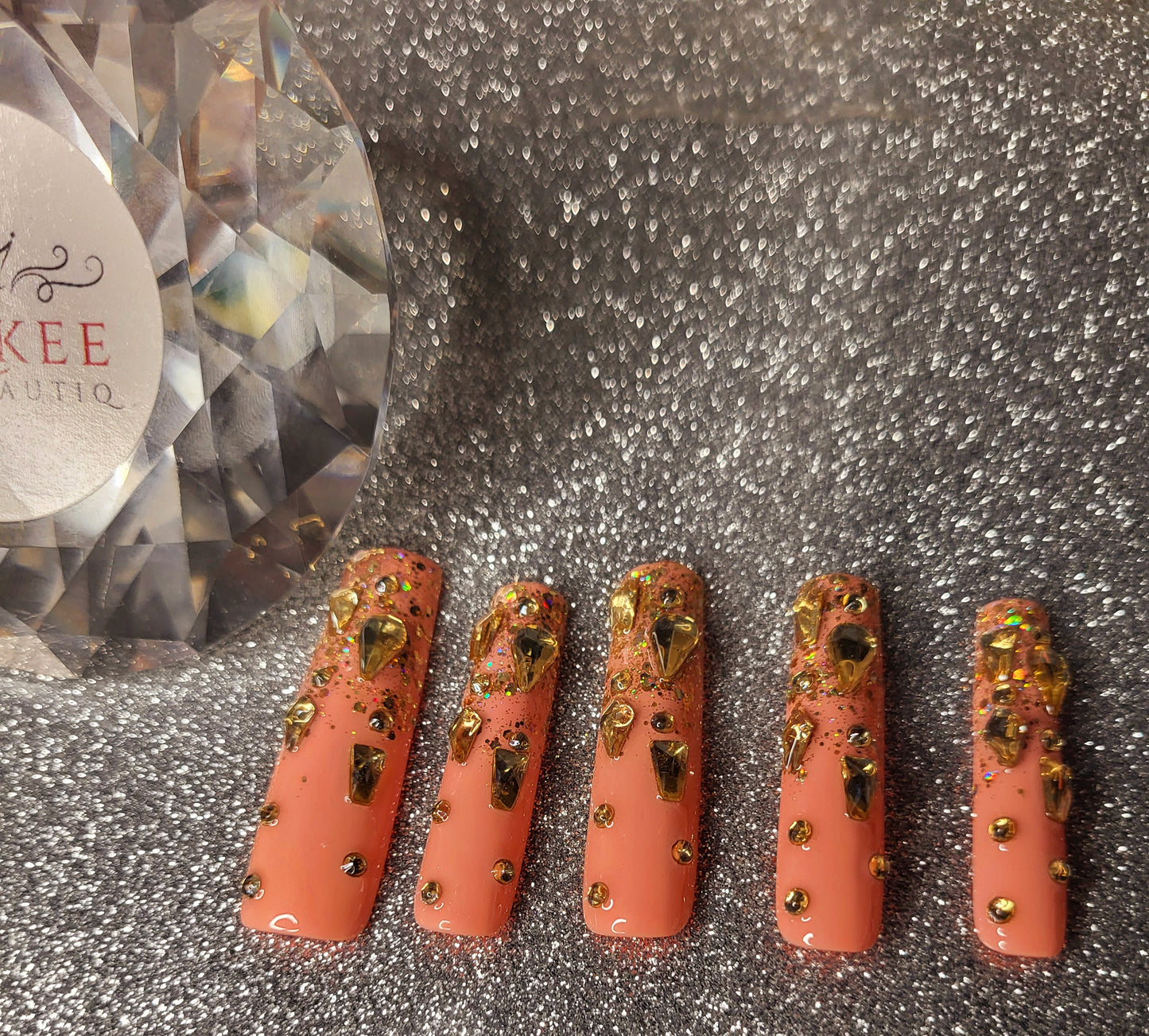 Glitter Gold French Tips Press On Nails With Rhinestones