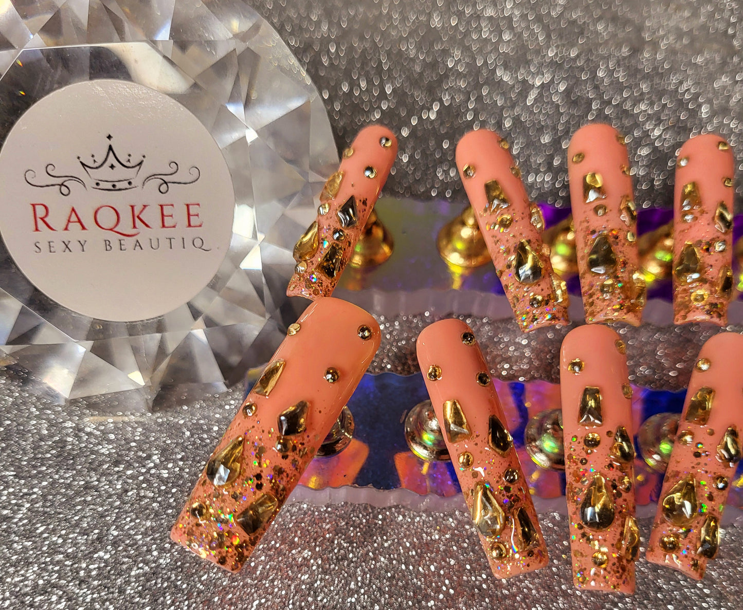 Glitter Gold French Tips Press On Nails With Rhinestones