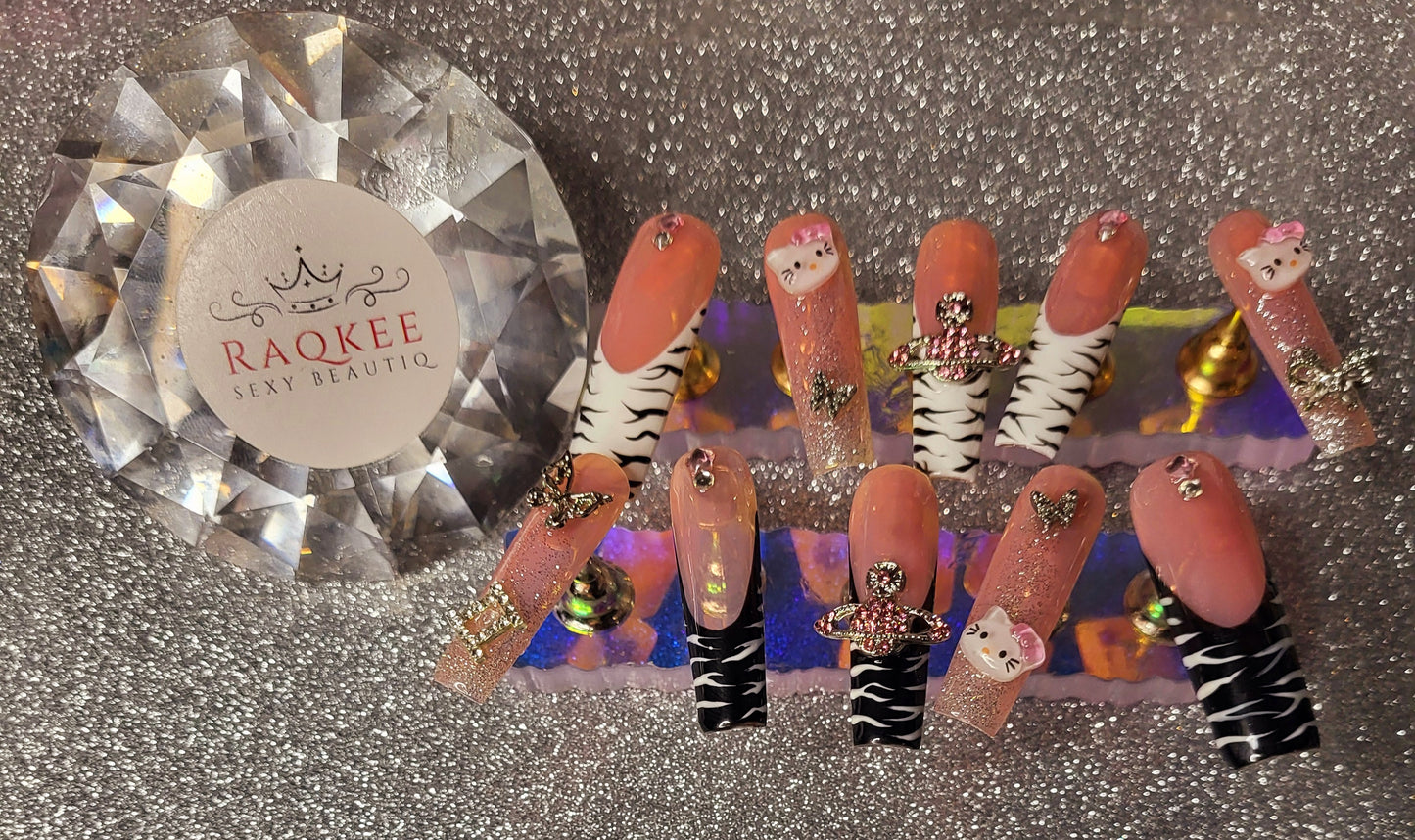 White And Black Zebra Print French Tips Press On Nails With 3D Decor And Rhinestones