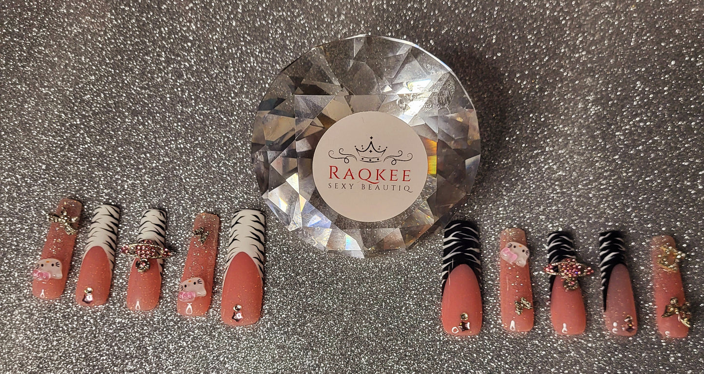 White And Black Zebra Print French Tips Press On Nails With 3D Decor And Rhinestones