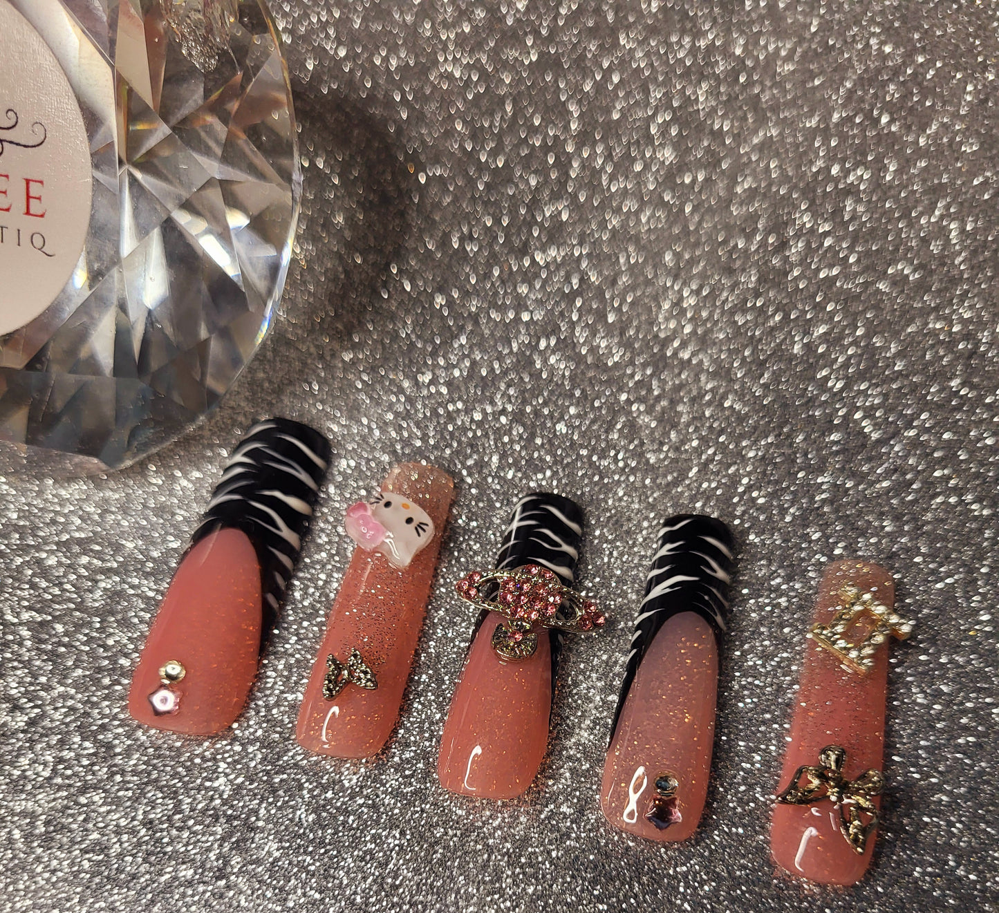 White And Black Zebra Print French Tips Press On Nails With 3D Decor And Rhinestones
