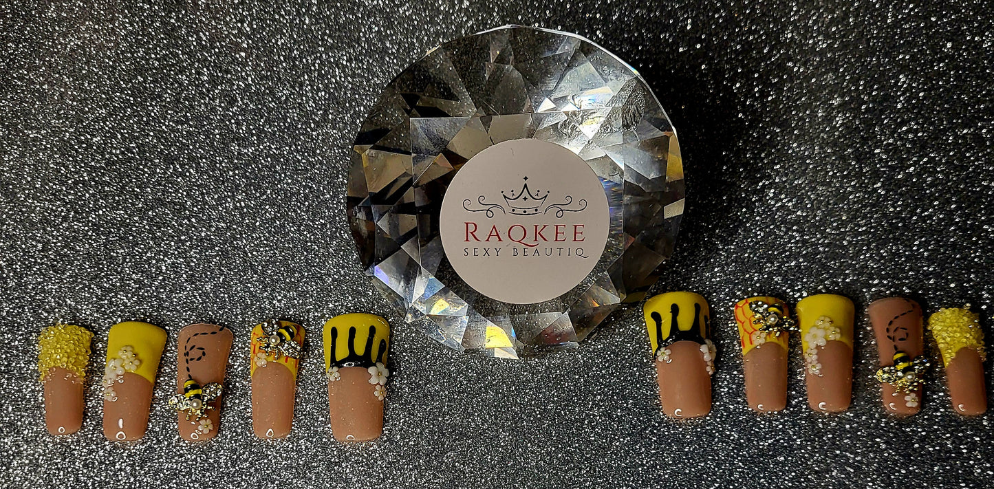 Yellow French Tips Press On Nails With Bee Charms, 3D Floral Decor And Honeycomb Design