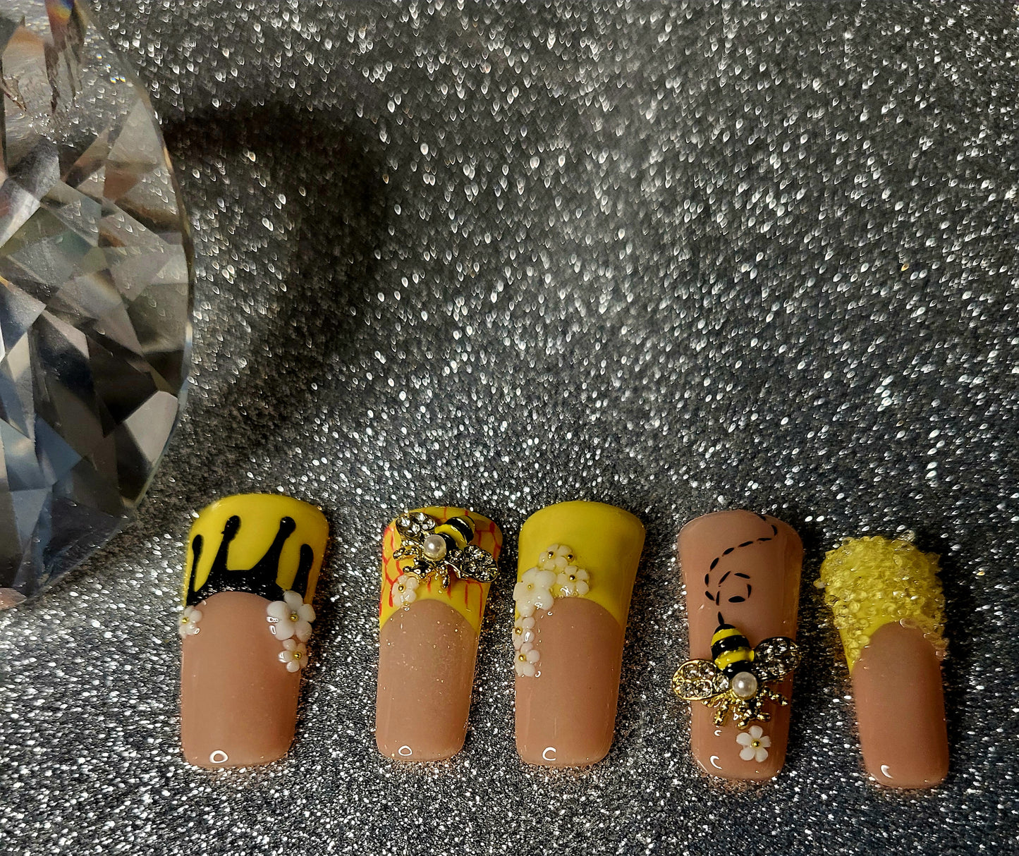 Yellow French Tips Press On Nails With Bee Charms, 3D Floral Decor And Honeycomb Design