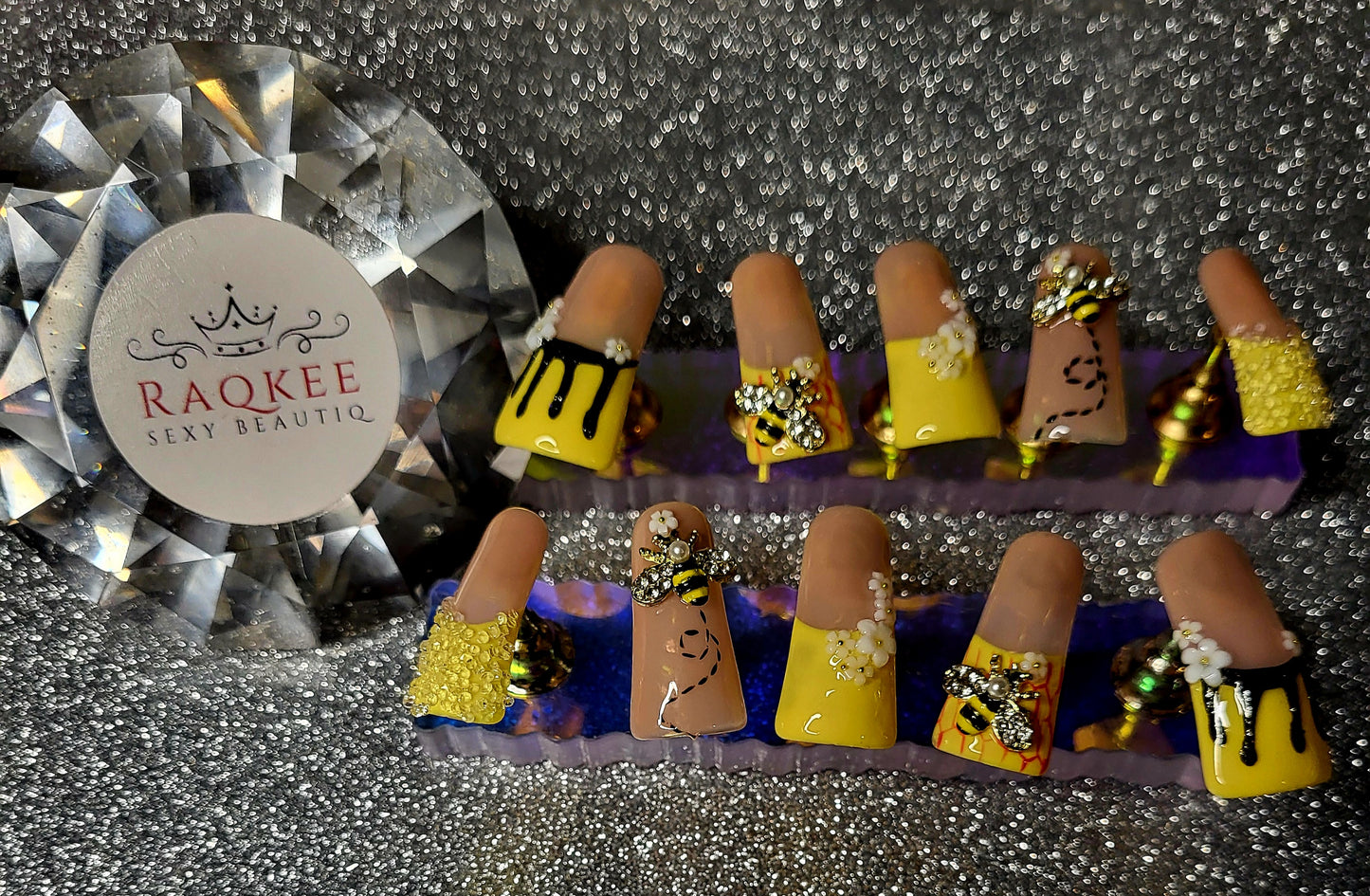 Yellow French Tips Press On Nails With Bee Charms, 3D Floral Decor And Honeycomb Design