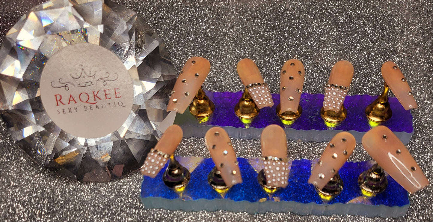 Pearl Decor French Tips Press On Nails With Rhinestones