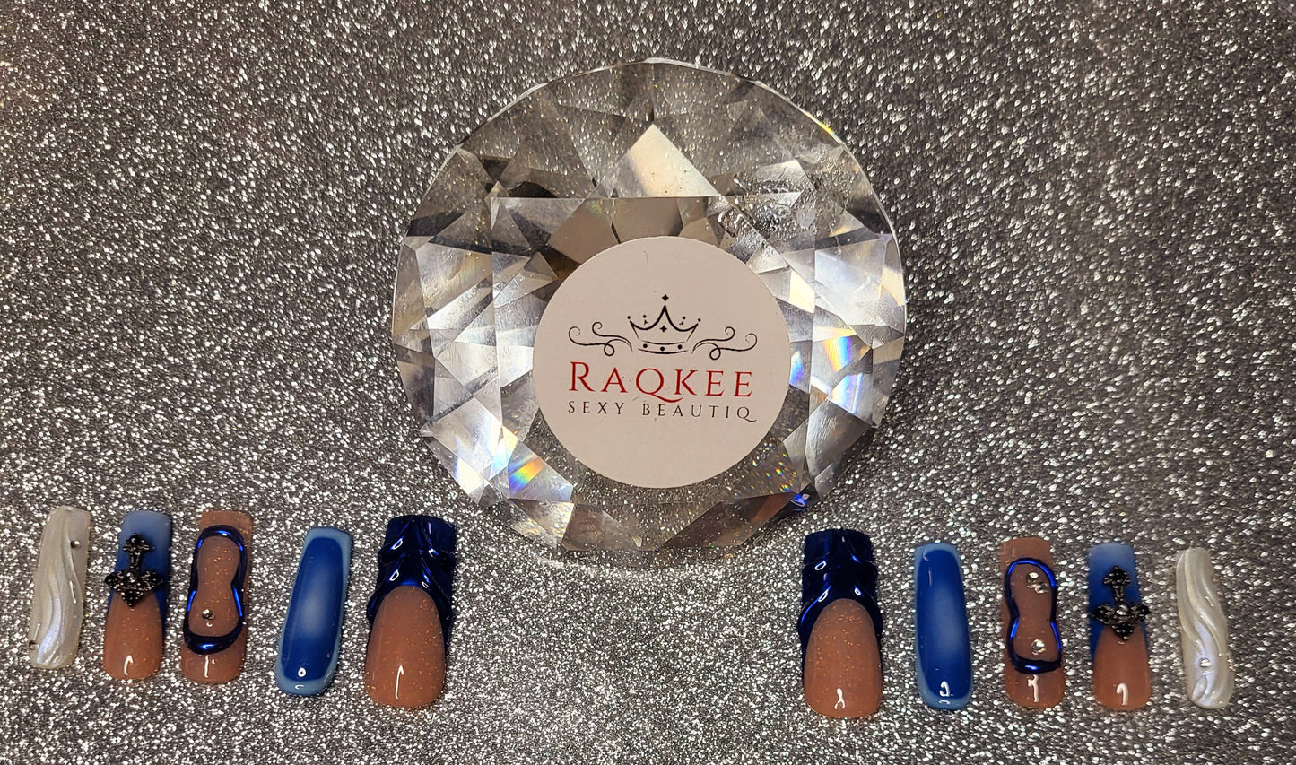 Blue Press On Nails With 3D Gel Decor