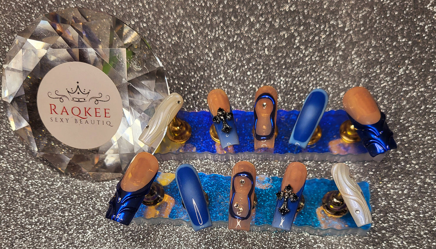 Blue Press On Nails With 3D Gel Decor