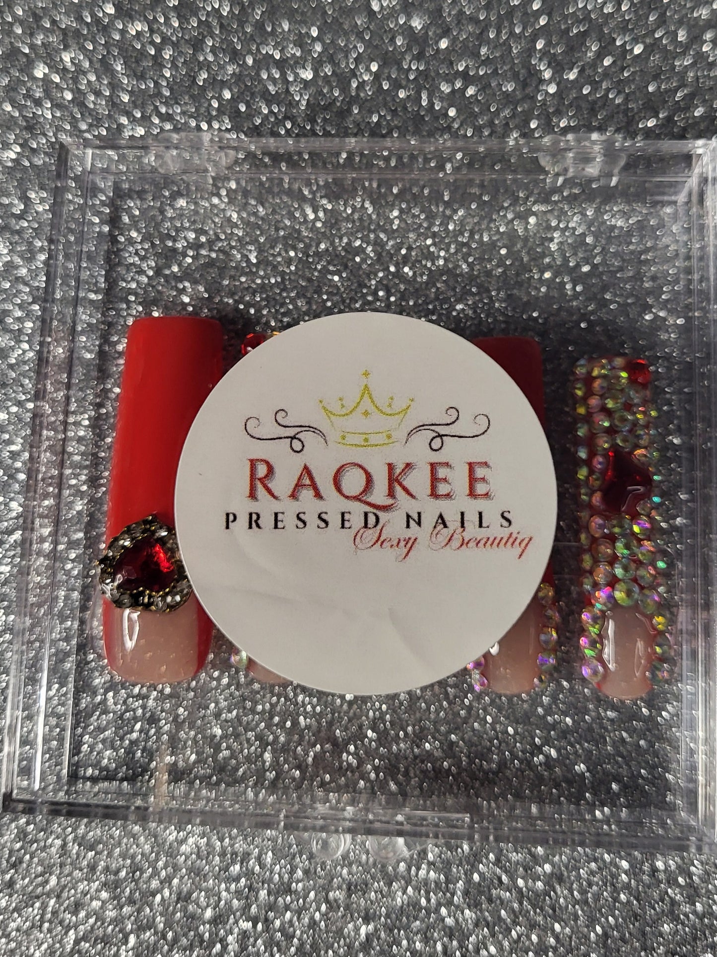 Red French Tips Press On Nails With Rhinestones And Heart Jewels