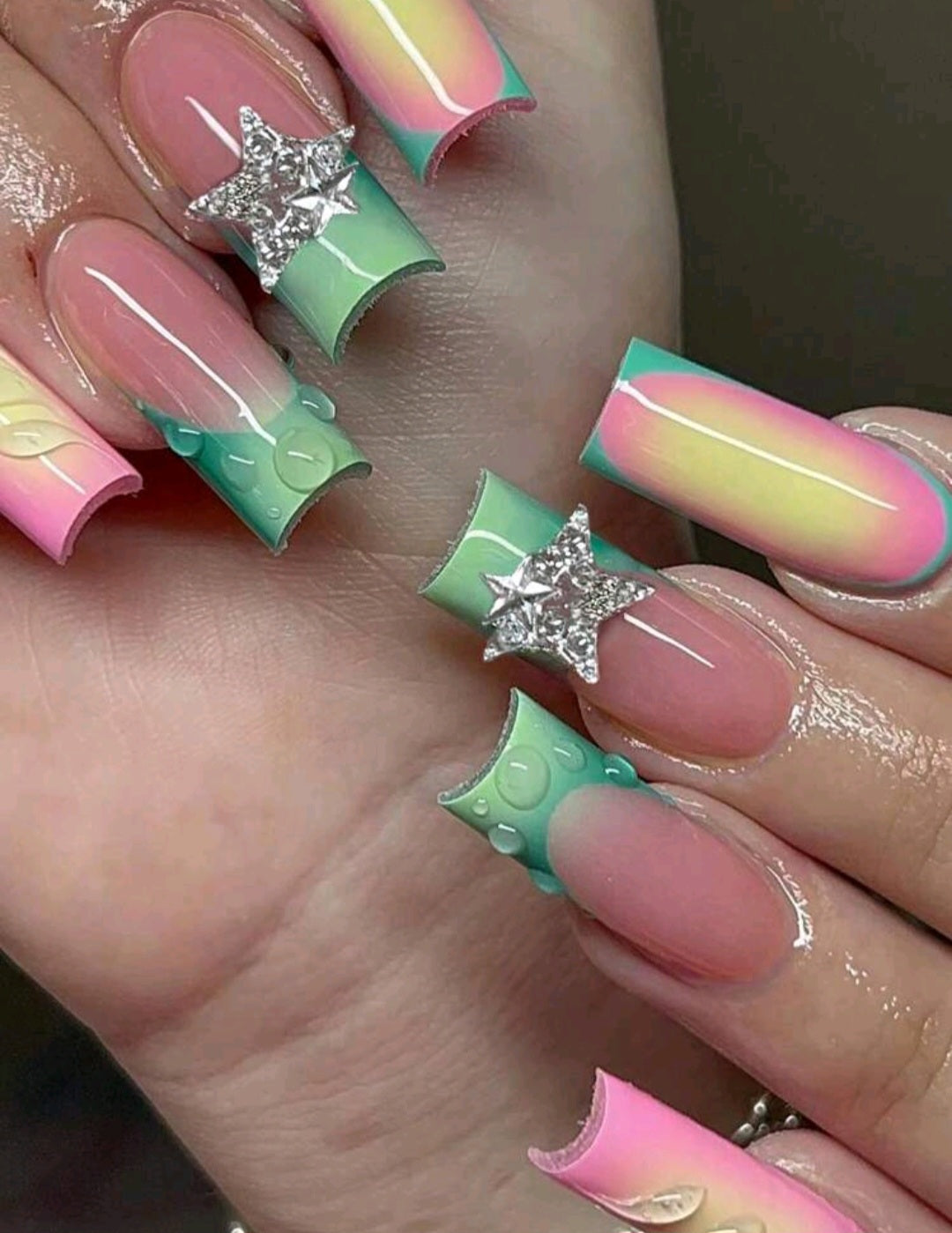 Ombre French Tips With 3D Gel Design And 3D Star Decor