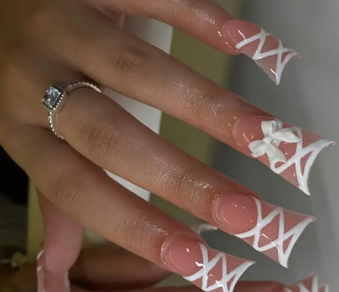 White Lace Up French Tips Press On Nails With 3D Bow