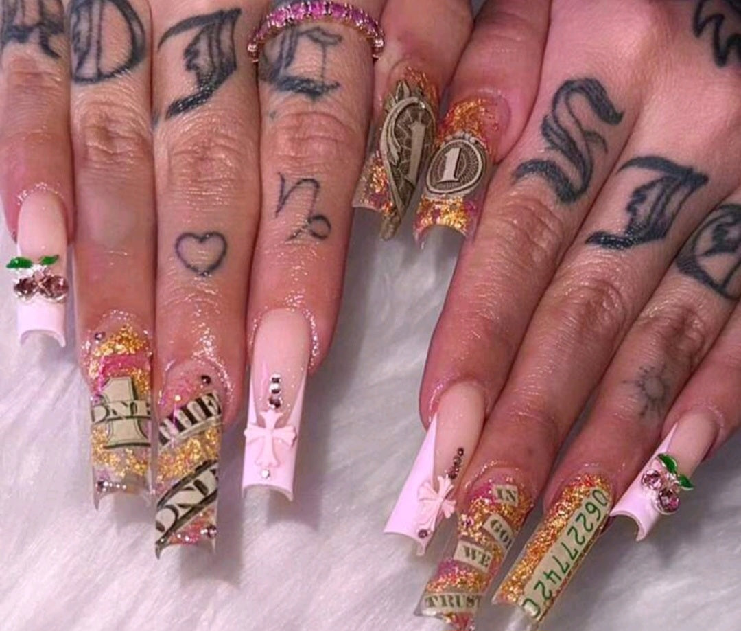 Pink And Gold Money Press On Nails With 3D Decor
