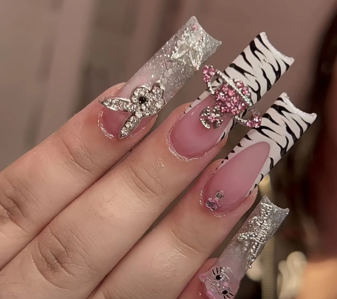 White And Black Zebra Print French Tips Press On Nails With 3D Decor And Rhinestones
