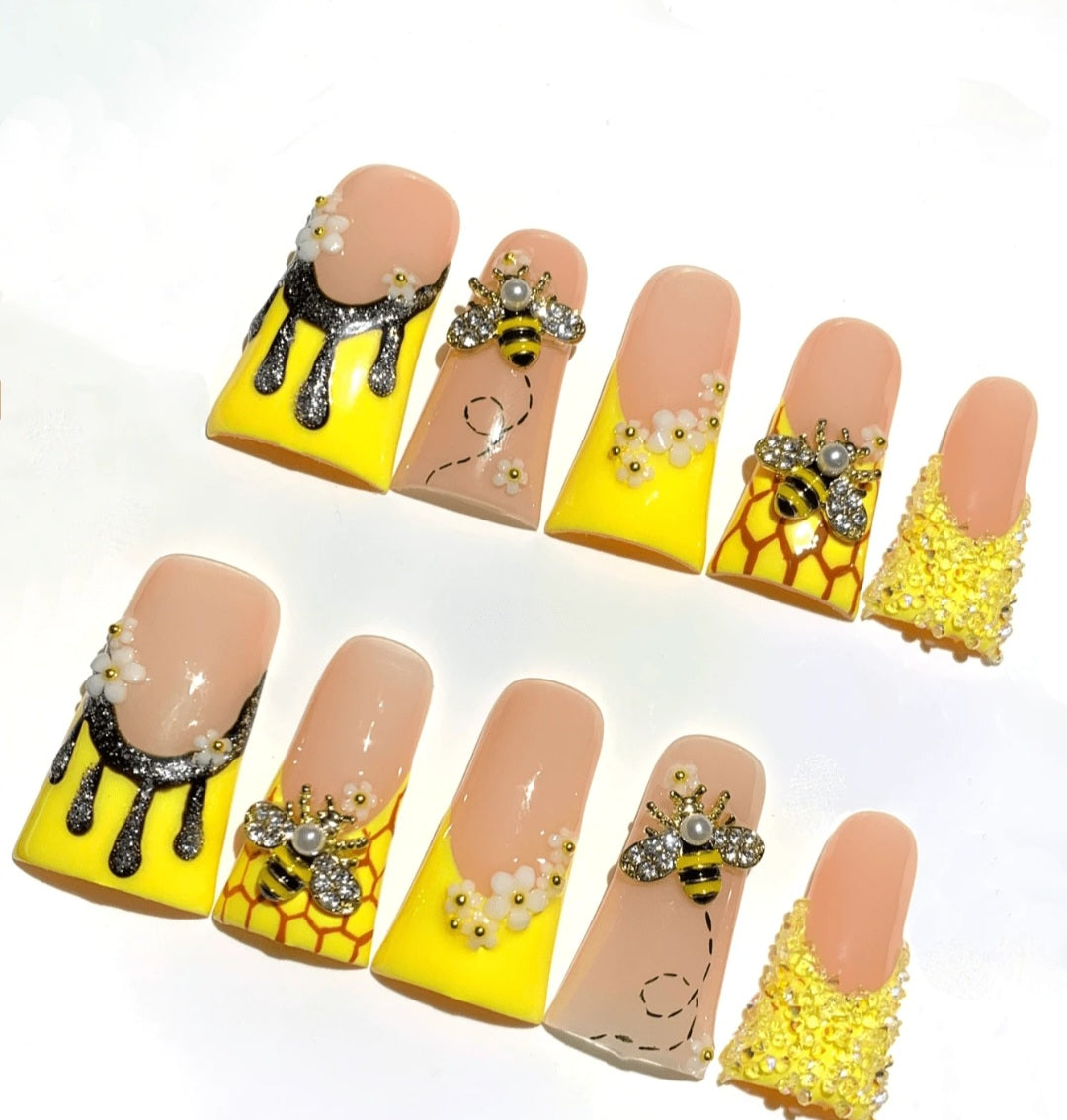 Yellow French Tips Press On Nails With Bee Charms, 3D Floral Decor And Honeycomb Design