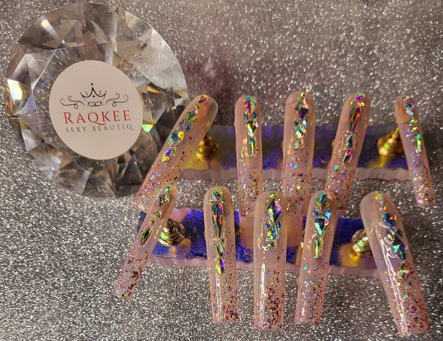 XL Glittery Pink French Tips Press On Nails With Big Rhinestones
