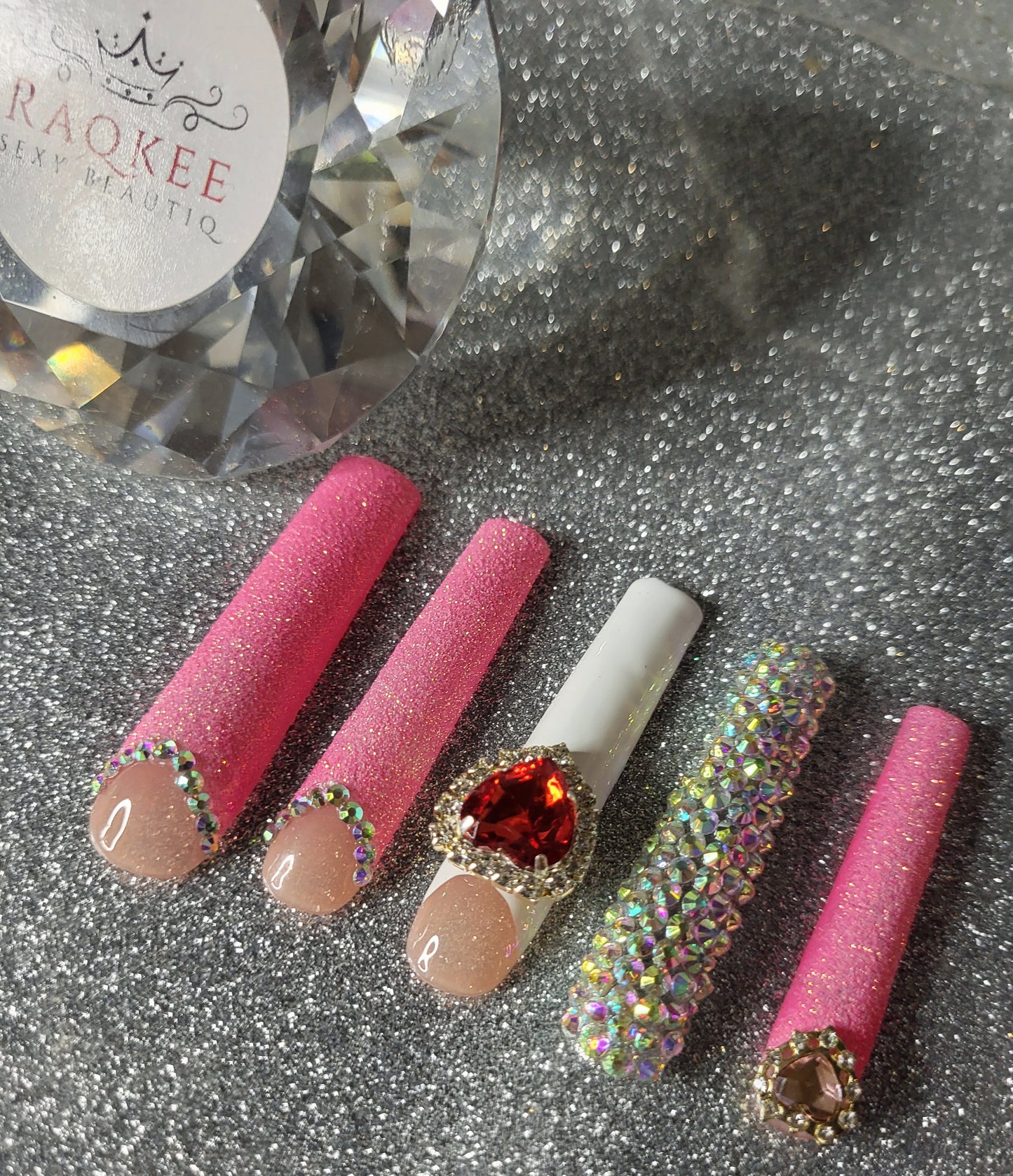 XL Glittery Pink And White French Tips Press On Nails With Full Rhinestones And Heart Decor