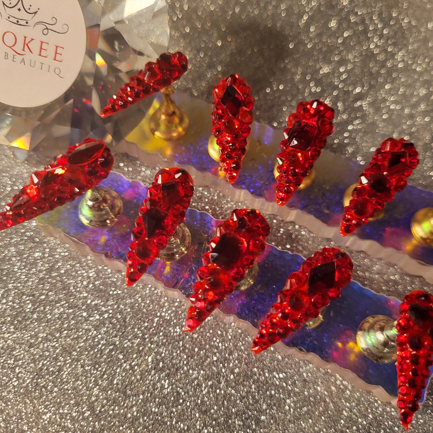 Red Rhinestones Press On Nails