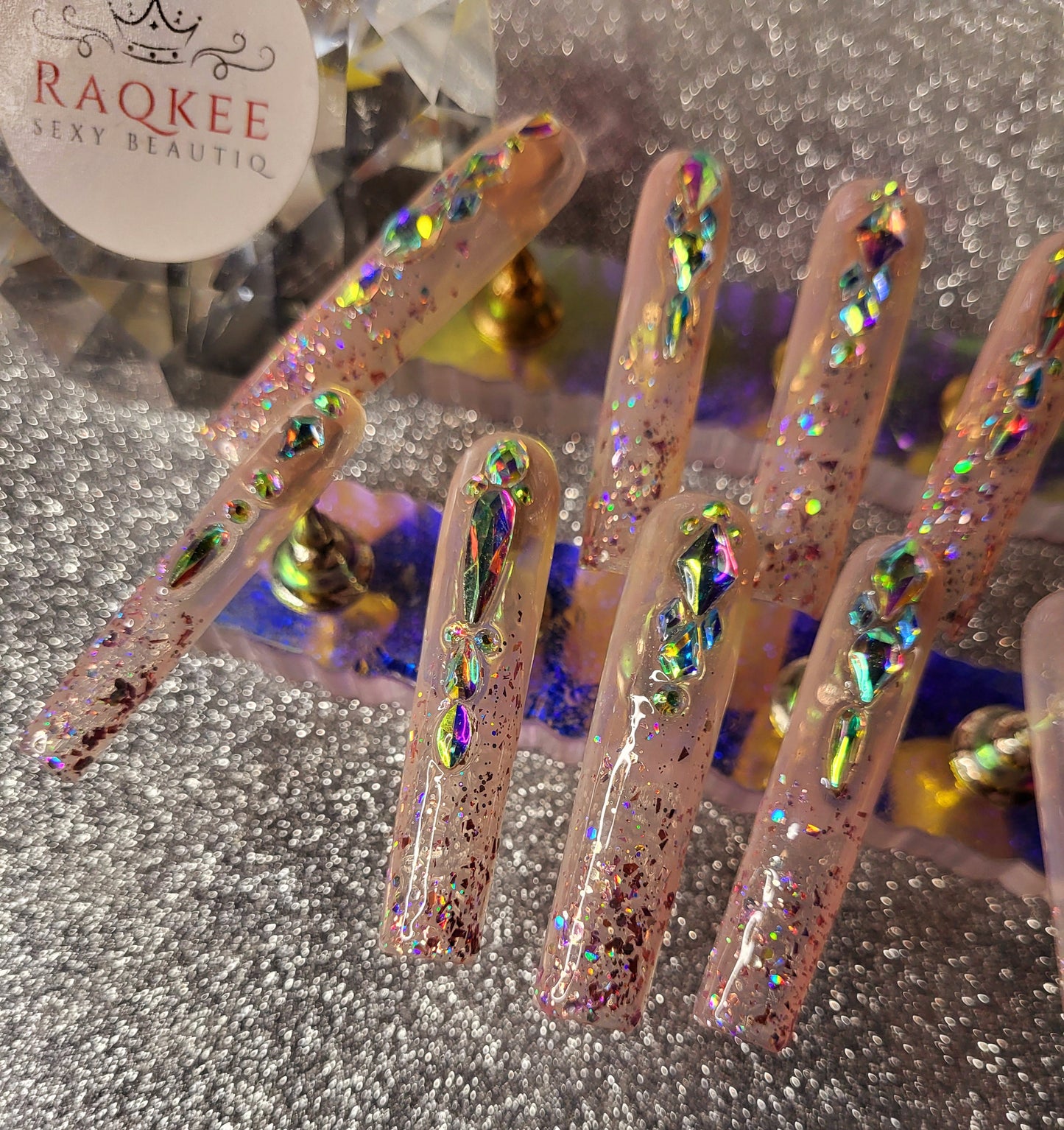 XL Glittery Pink French Tips Press On Nails With Big Rhinestones