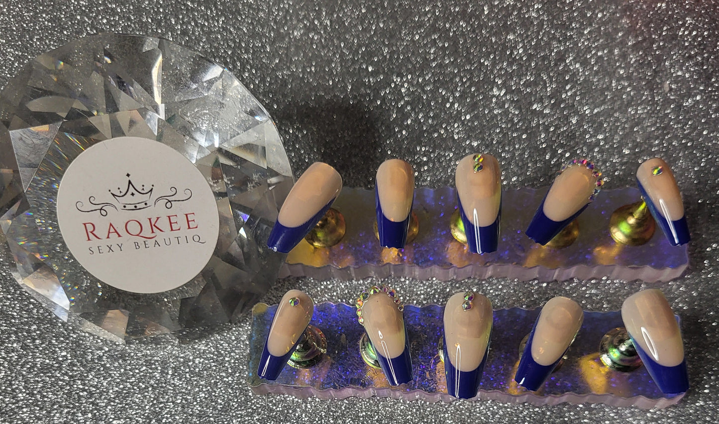 Blue French Tips Press On Nails With Rhinestones