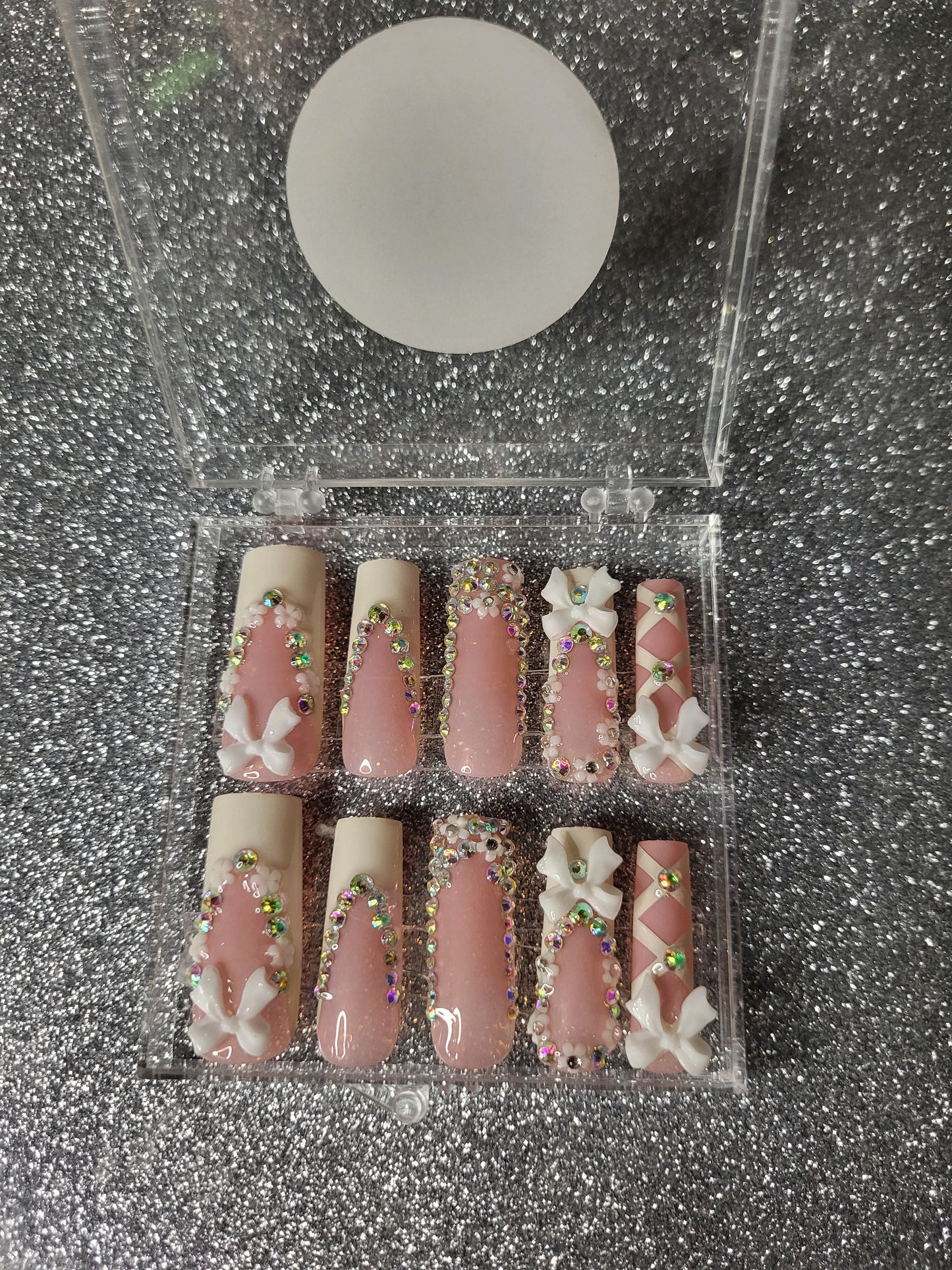 White And Rhinestone French Tips Press On Nails With Rhinestones, Bow Decor, And Lace Design