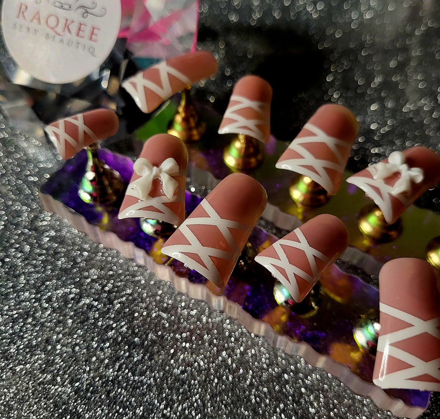 White Lace Up French Tips Press On Nails With 3D Bow