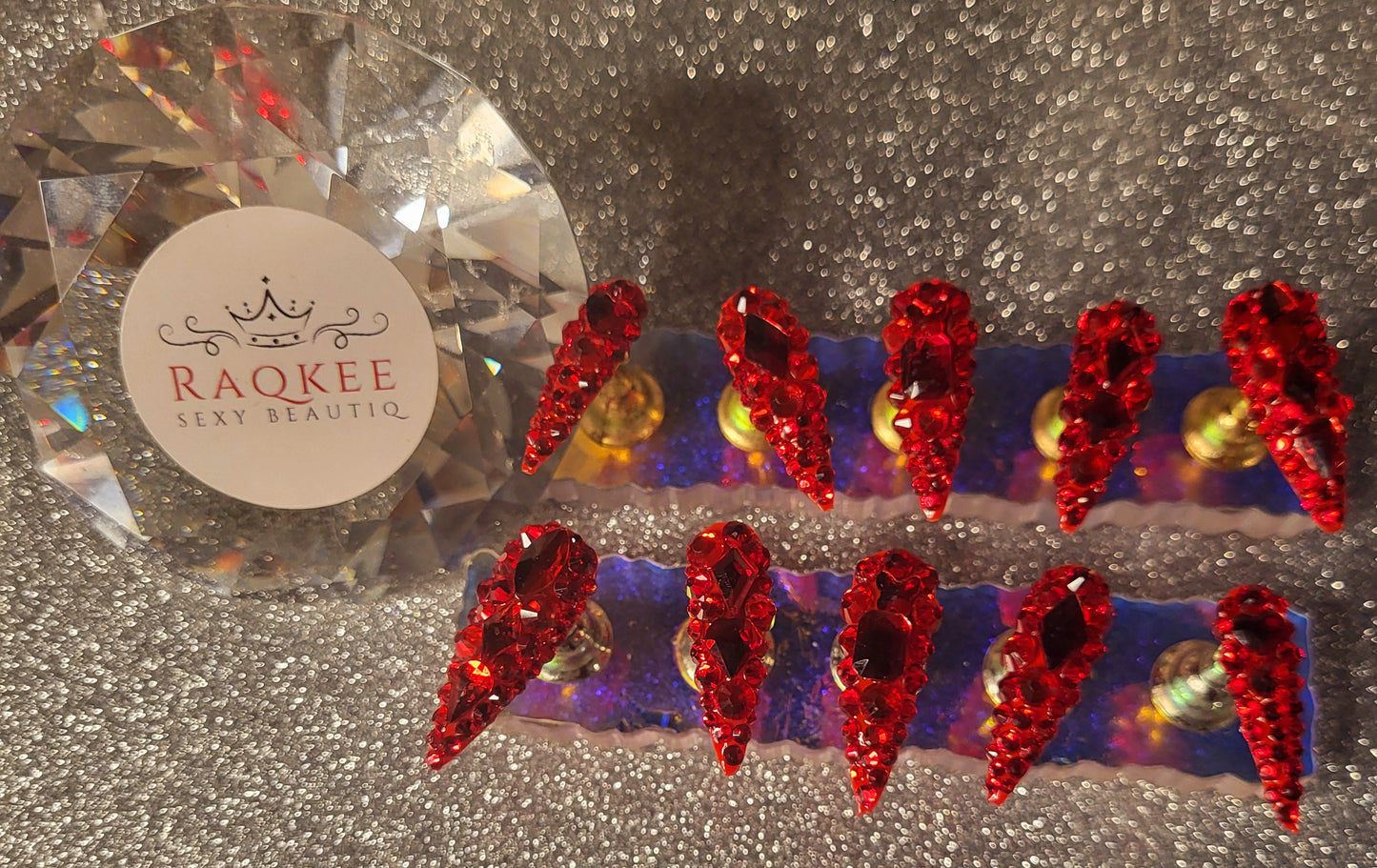 Red Rhinestones Press On Nails