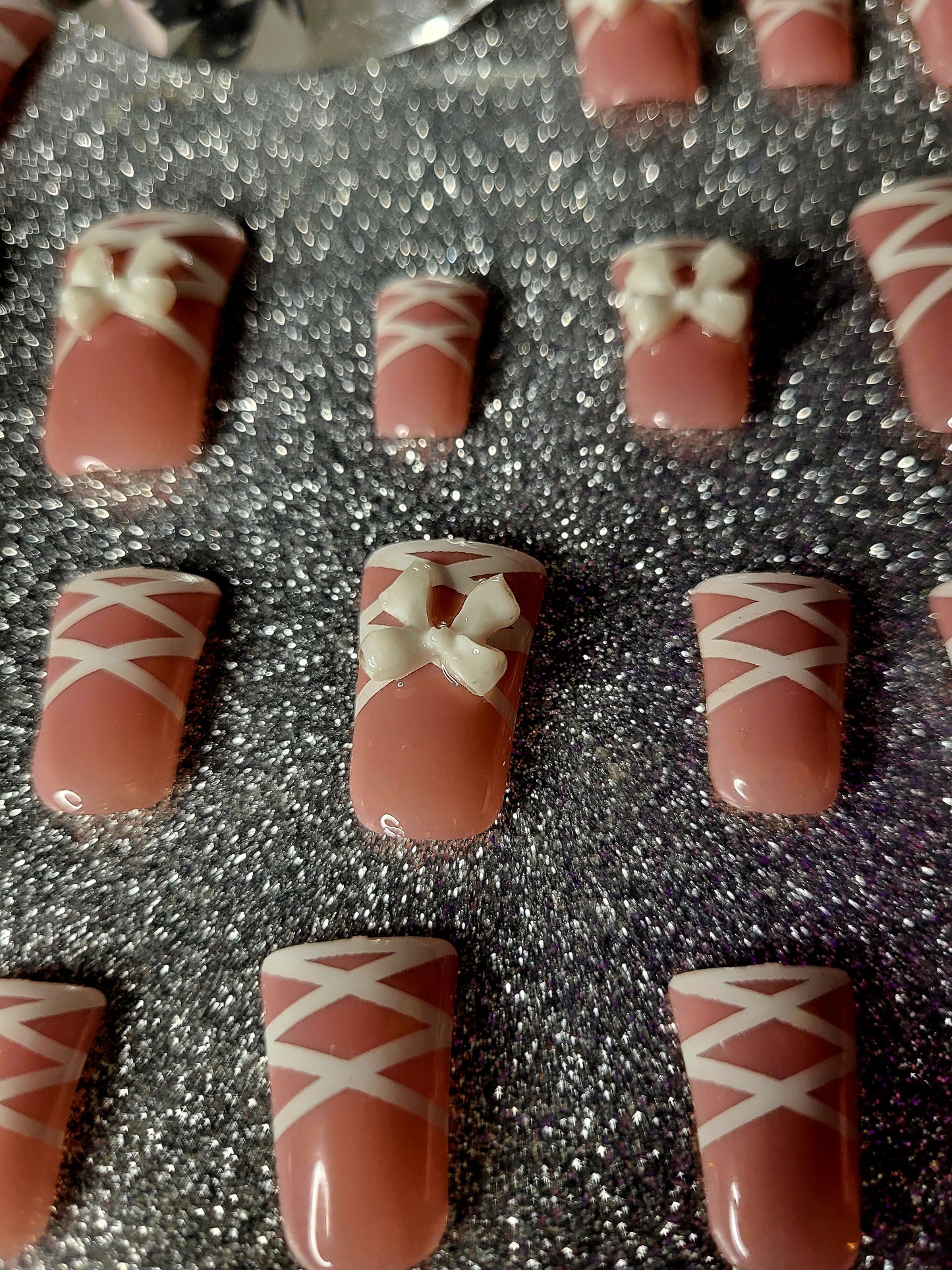 White Lace Up French Tips Press On Nails With 3D Bow
